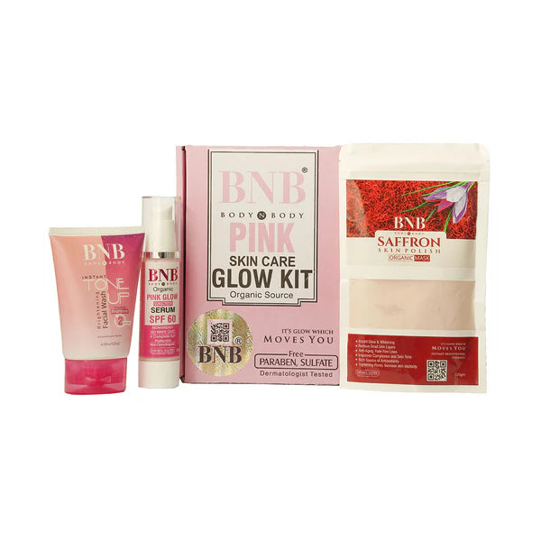 BNB Pink Glow Kit Face Korean Organic Brightening 3in1 Toneup Facewash + Safron Mask + SPF 60 Serum