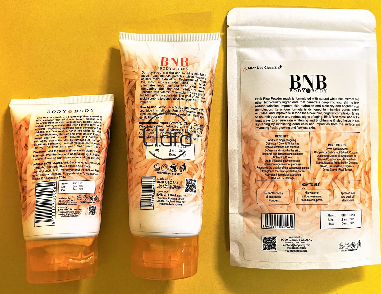 BNB Rice Facial Kit 3in1 Organic Brightening Glow Korean Face Scrub + Wash + Mask