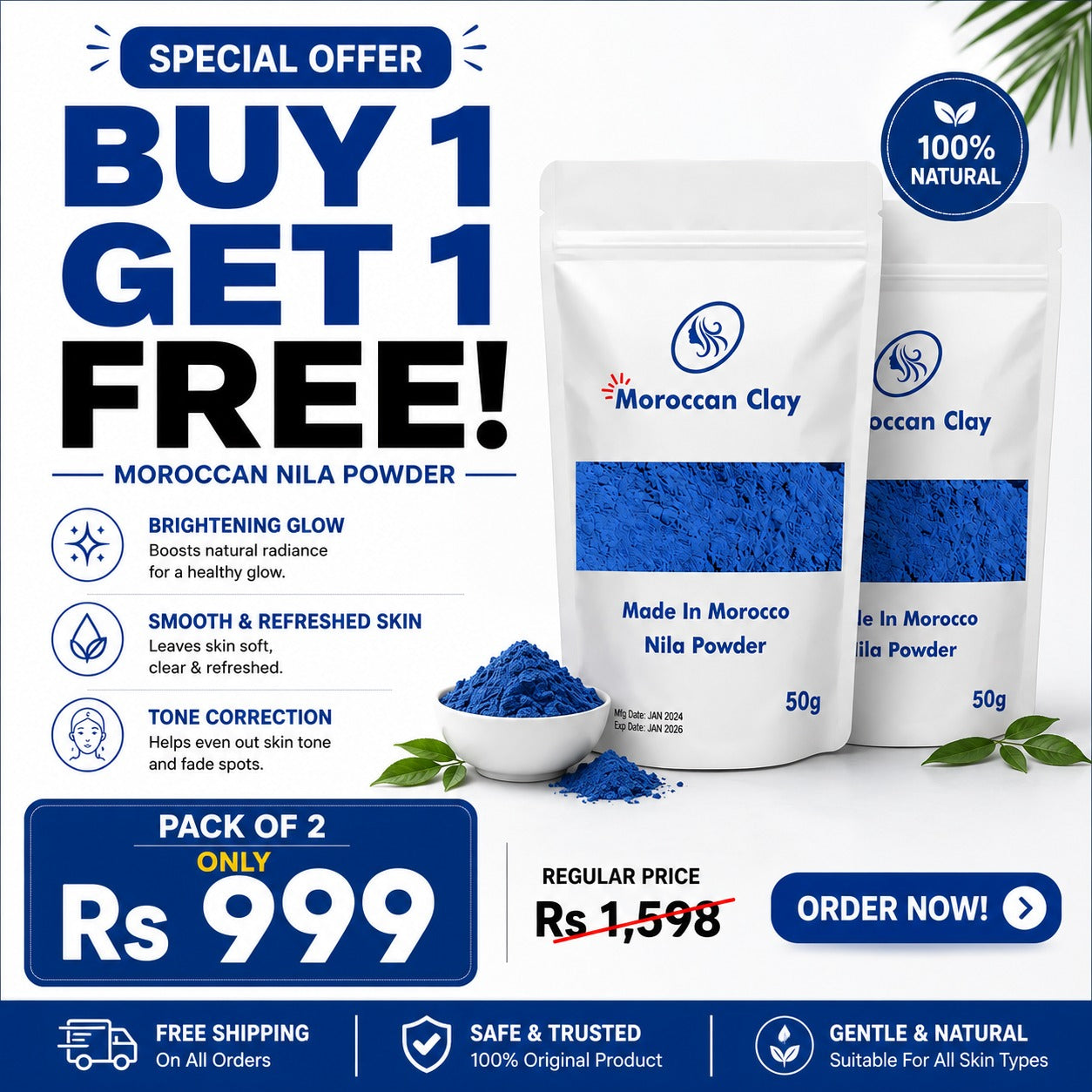 Moroccan Beauty Blue Nila Powder Neela Mask for Glowing Skin Clay